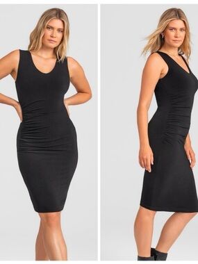 Honeylove Inner Power Black Sleeveless Ruched Midi Dress Size Large